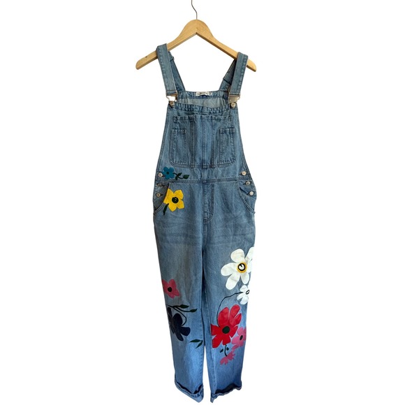 MISSLOOK Denim - Floral Painted Denim Overalls Light Wash Boho Bib Jumpsuit Womens XL